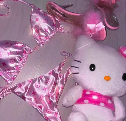 Hello KT Sweetheart Satin Bikini&Shorts Set