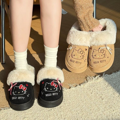 Hello KT Faux-Fur Trim & Bow Accent Plush Slippers