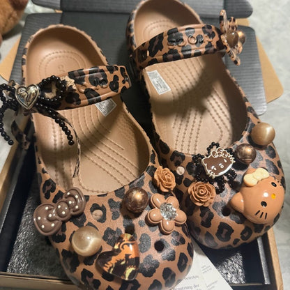 Hello KT Leopard Print Mary Jane Clogs - Coquette Ballet Style with DIY Charms