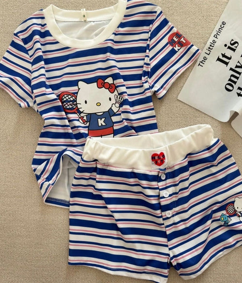 Hello KT Cute&Comfy Soft Girlie Striped Pajamas❤️💙🤍