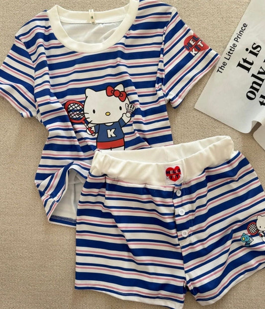 Hello KT Cute&Comfy Soft Girlie Striped Pajamas❤️💙🤍
