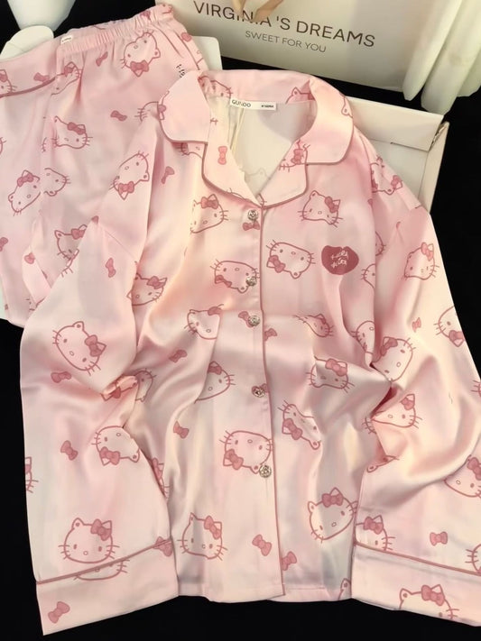 Hello KT Women's Pink Pajama Set - Soft Long Sleeve Sleepwear