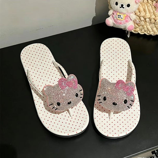 Rhinestone Hello KT Polka Dot Flip Flops