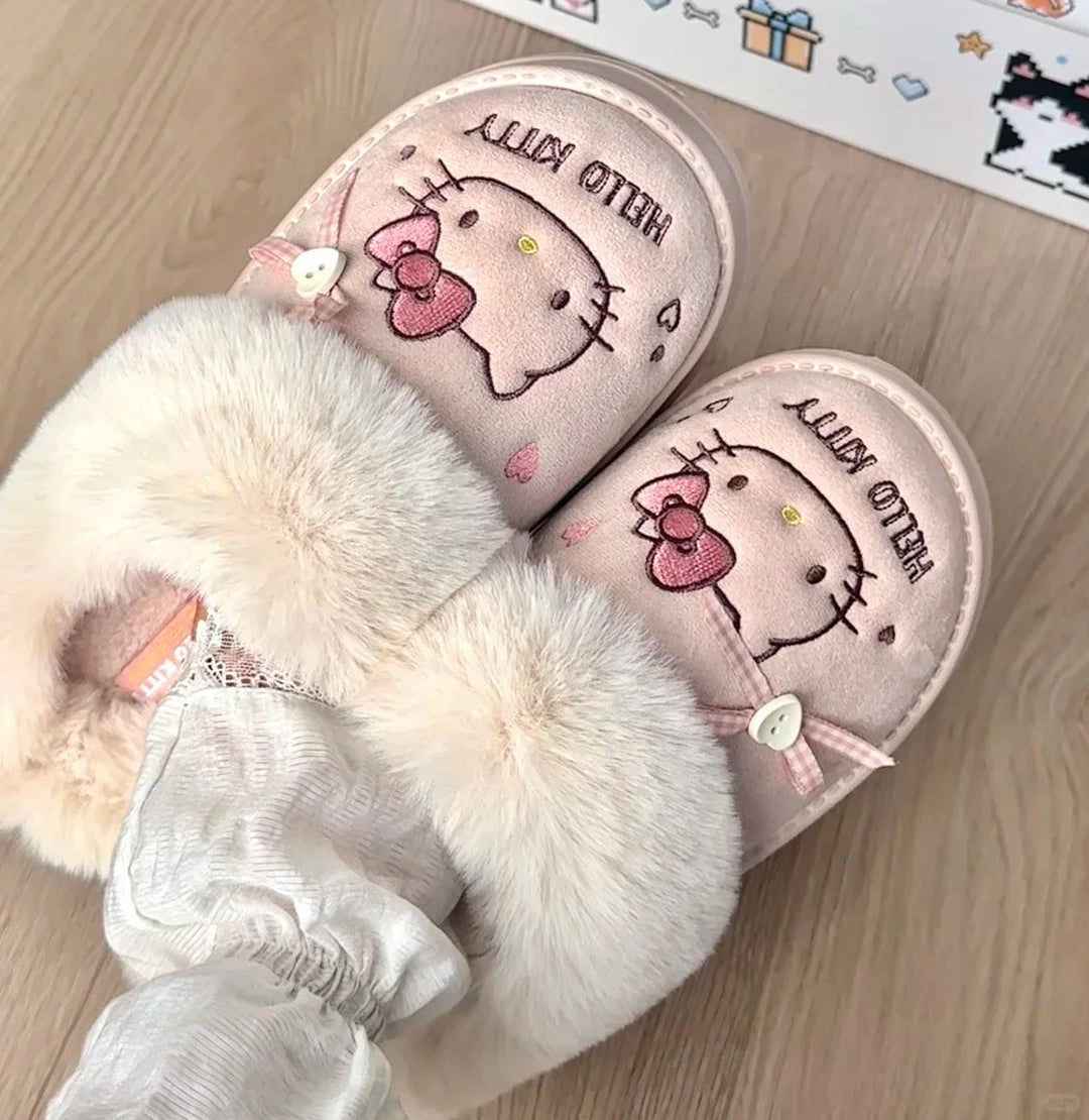 Hello KT Faux-Fur Trim & Bow Accent Plush Slippers