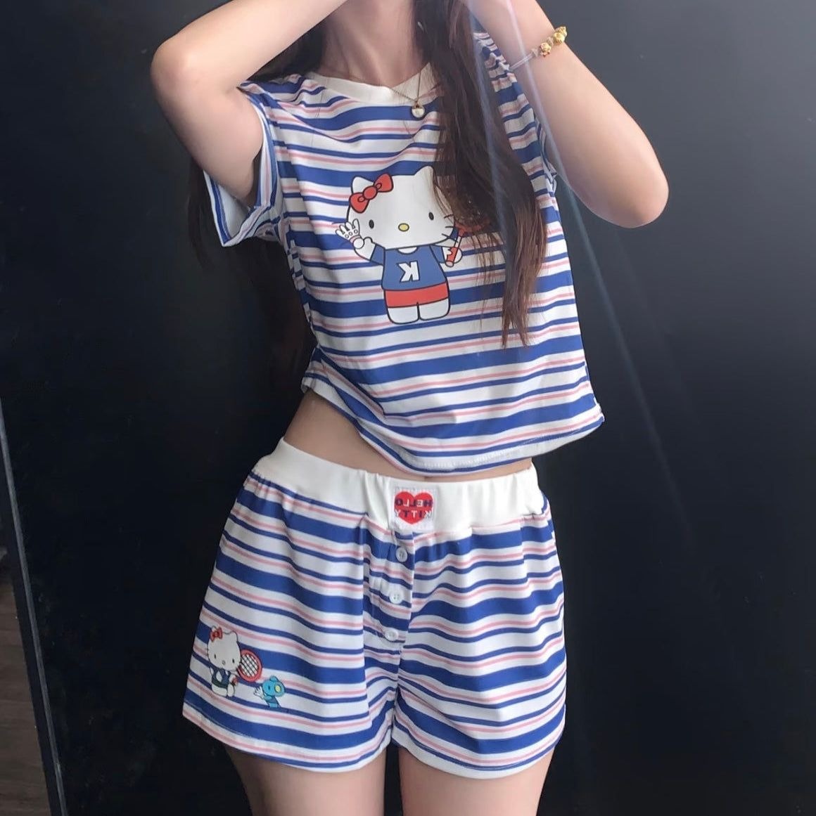Hello KT Cute&Comfy Soft Girlie Striped Pajamas❤️💙🤍