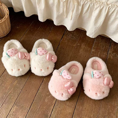 🍓Pink Strawberry Hello KT Fluffy Slippers