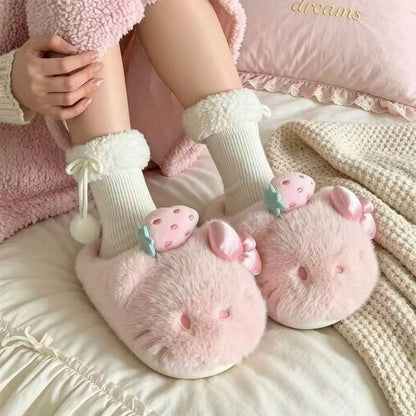 🍓Pink Strawberry Hello KT Fluffy Slippers