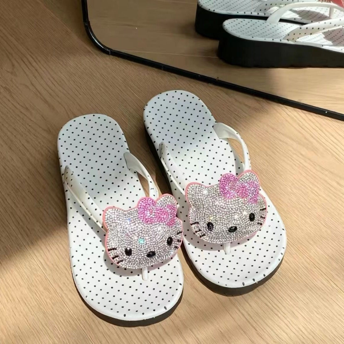 Rhinestone Hello KT Polka Dot Flip Flops
