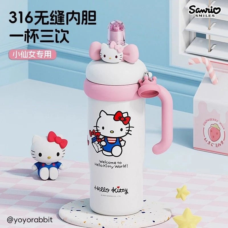 Sanrio Tumbler with Handle Stainless Steel Insulated Cup with Lid & Straw Water Bottle