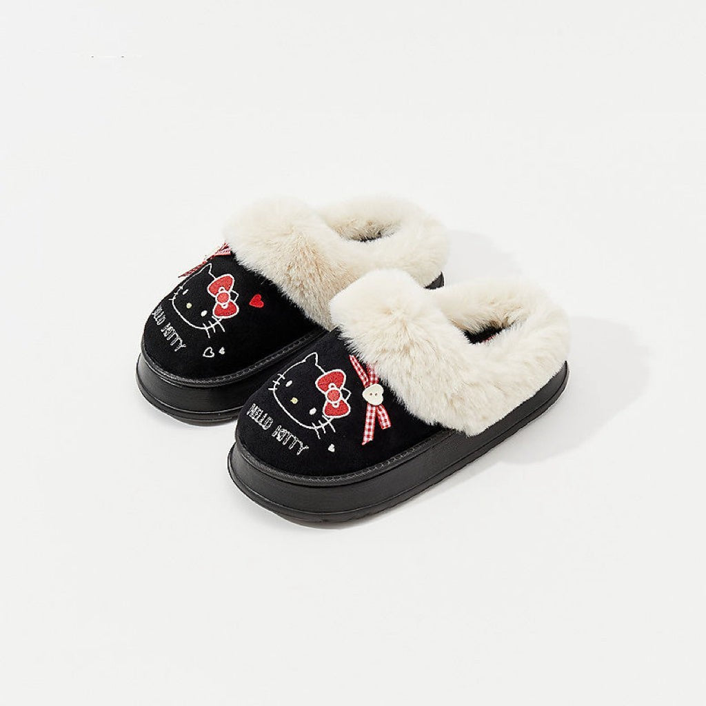 Hello KT Faux-Fur Trim & Bow Accent Plush Slippers