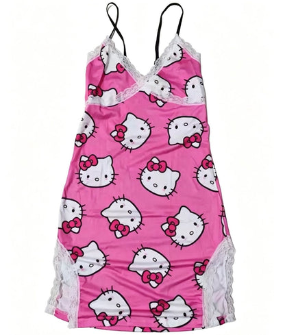 Hello KT Lace Trim Satin Slip Dress Nightwear