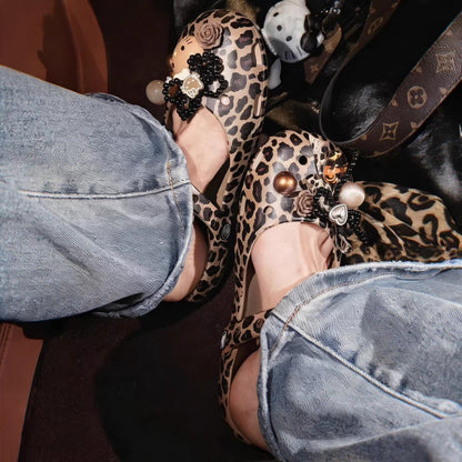 Hello KT Leopard Print Mary Jane Clogs - Coquette Ballet Style with DIY Charms