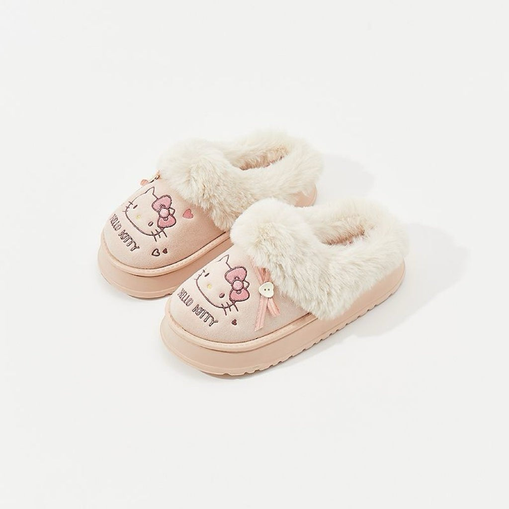 Hello KT Faux-Fur Trim & Bow Accent Plush Slippers