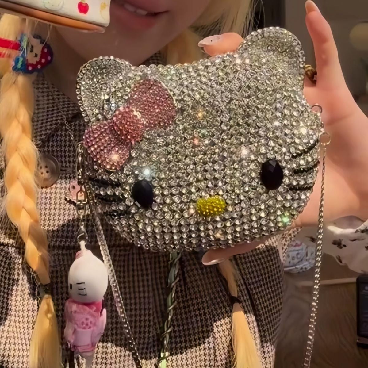 Hello KT Rhinestone Evening Bag, Handmade Full Crystal Crossbody Chain Purse