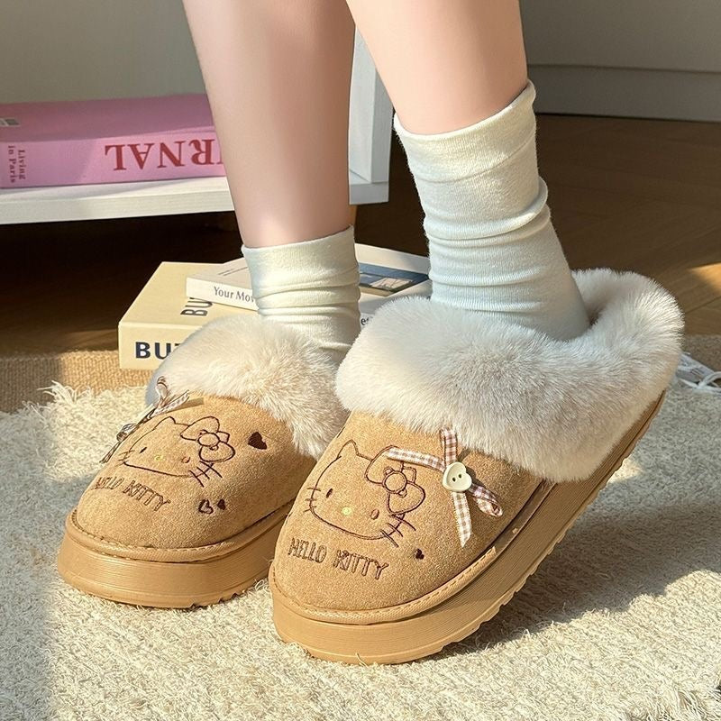 Hello KT Faux-Fur Trim & Bow Accent Plush Slippers