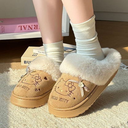 Hello KT Faux-Fur Trim & Bow Accent Plush Slippers